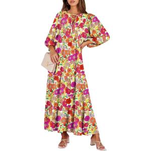image:imageANRABESS Womens Boho Maxi Dresses 2026 Summer V Neck Puff Sleeve Floral Flowy Swing Fall Casual Long DressPurple Orange Floral