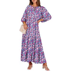 image:imageANRABESS Womens Boho Maxi Dresses 2026 Summer V Neck Puff Sleeve Floral Flowy Swing Fall Casual Long DressPurple Pink Floral
