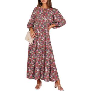 image:imageANRABESS Womens Boho Maxi Dresses 2026 Summer V Neck Puff Sleeve Floral Flowy Swing Fall Casual Long DressRed