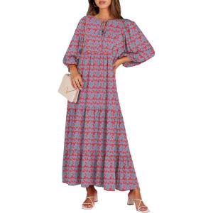 image:imageANRABESS Womens Boho Maxi Dresses 2026 Summer V Neck Puff Sleeve Floral Flowy Swing Fall Casual Long DressRed Blue