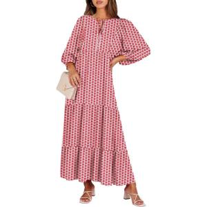 image:imageANRABESS Womens Boho Maxi Dresses 2026 Summer V Neck Puff Sleeve Floral Flowy Swing Fall Casual Long DressRed Floral