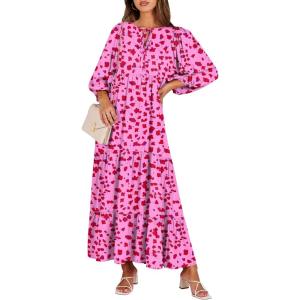 image:imageANRABESS Womens Boho Maxi Dresses 2026 Summer V Neck Puff Sleeve Floral Flowy Swing Fall Casual Long DressRose Red Floral