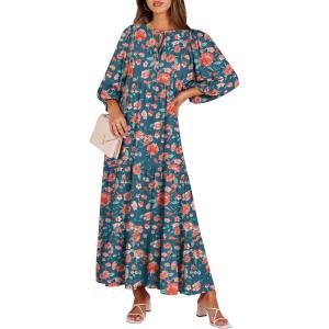 image:imageANRABESS Womens Boho Maxi Dresses 2026 Summer V Neck Puff Sleeve Floral Flowy Swing Fall Casual Long DressTeal Red Floral