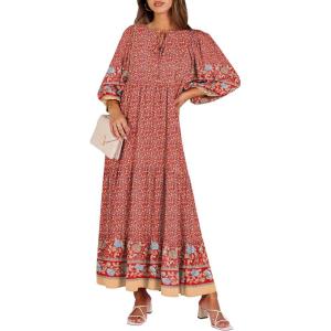image:imageANRABESS Womens Boho Maxi Dresses 2026 Summer V Neck Puff Sleeve Floral Flowy Swing Fall Casual Long DressWine Red