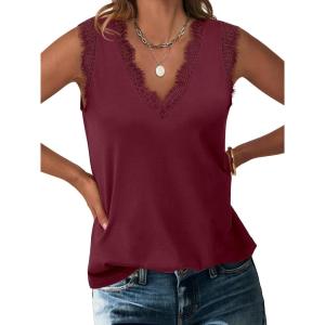image:imageANRABESS Womens Lace Trim Tank Tops V Neck Sleeveless Shirts 2026 Summer Casual Trendy Dressy Cami TopBurgundy
