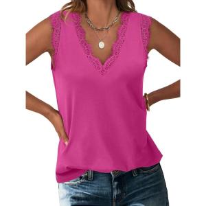 image:imageANRABESS Womens Lace Trim Tank Tops V Neck Sleeveless Shirts 2026 Summer Casual Trendy Dressy Cami TopHot Pink