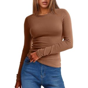 image:imageANRABESS Womens Long Sleeve Thermal Shirts Slim Fit Basic Tee Tops Warm Fleece Undershirts 2025 Fall Winter Layer OutfitsCaramel