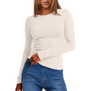 image:imageANRABESS Womens Long Sleeve Thermal Shirts Slim Fit Basic Tee Tops Warm Fleece Undershirts 2025 Fall Winter Layer OutfitsParchment