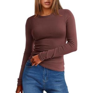 image:imageANRABESS Womens Long Sleeve Thermal Shirts Slim Fit Basic Tee Tops Warm Fleece Undershirts 2025 Fall Winter Layer OutfitsRed Brown