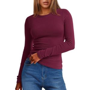 image:imageANRABESS Womens Long Sleeve Thermal Shirts Slim Fit Basic Tee Tops Warm Fleece Undershirts 2025 Fall Winter Layer OutfitsWine Red