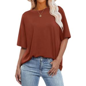 image:imageANRABESS Womens Oversized Tee Shirts Comfy Fabric Loose Fit Top AllDay Cozy for Gym Lounge Office Versatile Casual WearBrick Red