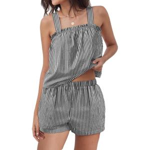 image:imageANRABESS Womens Pajama Sets Striped 2 Piece Pjs Summer Ruffle Cute Tank Top and Shorts Sleepwear 2026 Comfy Soft Lounge SetsBlack White Stripe