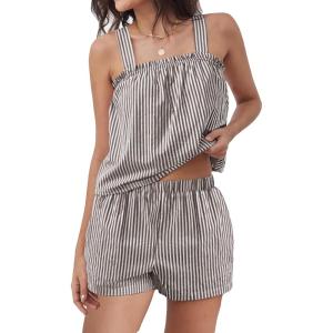 image:imageANRABESS Womens Pajama Sets Striped 2 Piece Pjs Summer Ruffle Cute Tank Top and Shorts Sleepwear 2026 Comfy Soft Lounge SetsBrown White Stripe