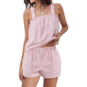 image:imageANRABESS Womens Pajama Sets Striped 2 Piece Pjs Summer Ruffle Cute Tank Top and Shorts Sleepwear 2026 Comfy Soft Lounge SetsPink White Stripe