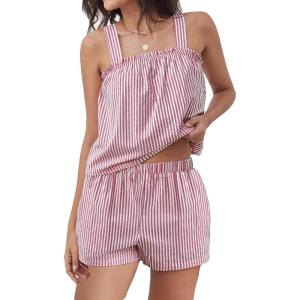 image:imageANRABESS Womens Pajama Sets Striped 2 Piece Pjs Summer Ruffle Cute Tank Top and Shorts Sleepwear 2026 Comfy Soft Lounge SetsRed White Stripe