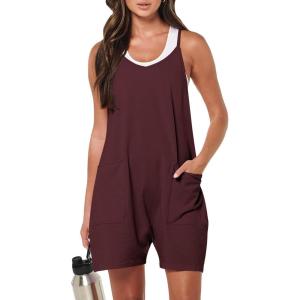 image:imageANRABESS Womens Rompers Summer Casual Loose Sleeveless Overalls Spaghetti Strap Shorts Jumpsuit 2026 Beach Vacation ClothesBurgundy