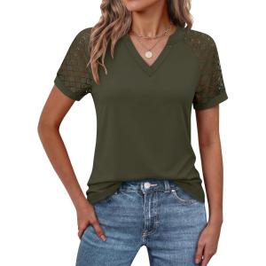 image:imageANRABESS Womens Short Sleeve V Neck Shirts Lace Dressy Casual Blouse 2026 Summer Business Work Tops Vacation Trendy TShirtsArmy Green