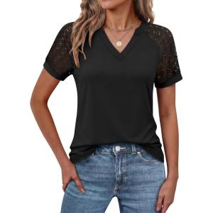 image:imageANRABESS Womens Short Sleeve V Neck Shirts Lace Dressy Casual Blouse 2026 Summer Business Work Tops Vacation Trendy TShirtsBlack
