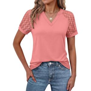 image:imageANRABESS Womens Short Sleeve V Neck Shirts Lace Dressy Casual Blouse 2026 Summer Business Work Tops Vacation Trendy TShirtsCoral