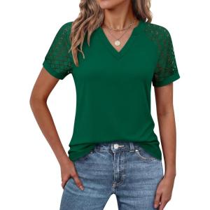 image:imageANRABESS Womens Short Sleeve V Neck Shirts Lace Dressy Casual Blouse 2026 Summer Business Work Tops Vacation Trendy TShirtsDark Green