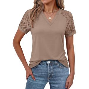 image:imageANRABESS Womens Short Sleeve V Neck Shirts Lace Dressy Casual Blouse 2026 Summer Business Work Tops Vacation Trendy TShirtsLight Khaki