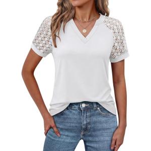 image:imageANRABESS Womens Short Sleeve V Neck Shirts Lace Dressy Casual Blouse 2026 Summer Business Work Tops Vacation Trendy TShirtsWhite