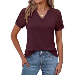 image:imageANRABESS Womens Short Sleeve V Neck Shirts Lace Dressy Casual Blouse 2026 Summer Business Work Tops Vacation Trendy TShirtsWine Red