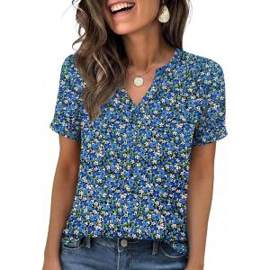 image:imageANRABESS Womens Short Sleeve V Neck Tops Summer Casual TShirts Blouses 2026 Spring Trendy Beach Vacation ClothesBlue White Green Floral