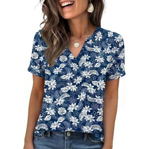 image:imageANRABESS Womens Short Sleeve V Neck Tops Summer Casual TShirts Blouses 2026 Spring Trendy Beach Vacation ClothesDeep Blue White Floral
