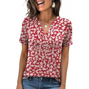 image:imageANRABESS Womens Short Sleeve V Neck Tops Summer Casual TShirts Blouses 2026 Spring Trendy Beach Vacation ClothesRed White Floral