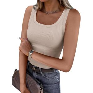 image:imageANRABESS Womens Sleeveless Scoop Neck Tank Top Ribbed Fitted Summer Basic Slim Cute Tops 2026Beige