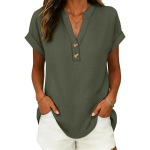 image:imageANRABESS Womens Spring Tops 2026 Short Sleeve Shirts Henley Dressy Casual Blouses V Neck Fashion Tunics Trendy Flowy ClothingArmy Green