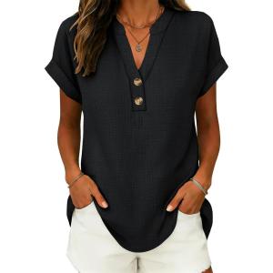 image:imageANRABESS Womens Spring Tops 2026 Short Sleeve Shirts Henley Dressy Casual Blouses V Neck Fashion Tunics Trendy Flowy ClothingBlack