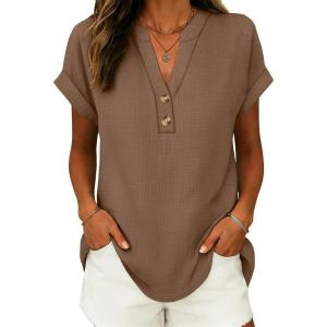 image:imageANRABESS Womens Spring Tops 2026 Short Sleeve Shirts Henley Dressy Casual Blouses V Neck Fashion Tunics Trendy Flowy ClothingBrown