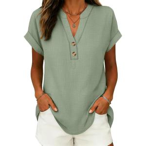 image:imageANRABESS Womens Spring Tops 2026 Short Sleeve Shirts Henley Dressy Casual Blouses V Neck Fashion Tunics Trendy Flowy ClothingGreen