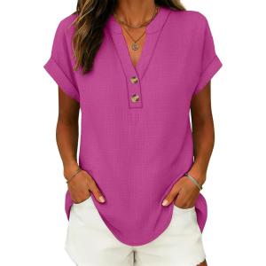 image:imageANRABESS Womens Spring Tops 2026 Short Sleeve Shirts Henley Dressy Casual Blouses V Neck Fashion Tunics Trendy Flowy ClothingHot Pink
