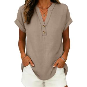 image:imageANRABESS Womens Spring Tops 2026 Short Sleeve Shirts Henley Dressy Casual Blouses V Neck Fashion Tunics Trendy Flowy ClothingKhaki