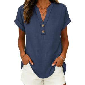 image:imageANRABESS Womens Spring Tops 2026 Short Sleeve Shirts Henley Dressy Casual Blouses V Neck Fashion Tunics Trendy Flowy ClothingNavy Blue