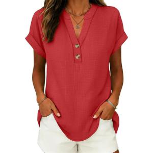 image:imageANRABESS Womens Spring Tops 2026 Short Sleeve Shirts Henley Dressy Casual Blouses V Neck Fashion Tunics Trendy Flowy ClothingRed
