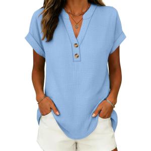 image:imageANRABESS Womens Spring Tops 2026 Short Sleeve Shirts Henley Dressy Casual Blouses V Neck Fashion Tunics Trendy Flowy ClothingSky Blue