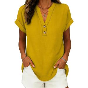 image:imageANRABESS Womens Spring Tops 2026 Short Sleeve Shirts Henley Dressy Casual Blouses V Neck Fashion Tunics Trendy Flowy ClothingYellow