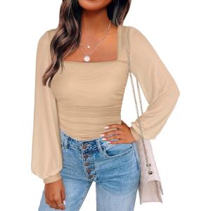 image:imageANRABESS Womens Square Neck Mesh Long Sleeve Tops Double Lined Dressy Business Casual Blouses Shirts 2025 Fall OutfitsApricot