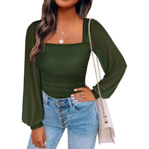 image:imageANRABESS Womens Square Neck Mesh Long Sleeve Tops Double Lined Dressy Business Casual Blouses Shirts 2025 Fall OutfitsArmy Green