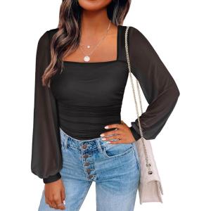 image:imageANRABESS Womens Square Neck Mesh Long Sleeve Tops Double Lined Dressy Business Casual Blouses Shirts 2025 Fall OutfitsBlack