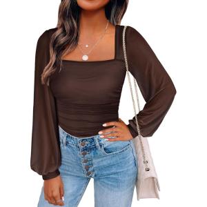 image:imageANRABESS Womens Square Neck Mesh Long Sleeve Tops Double Lined Dressy Business Casual Blouses Shirts 2025 Fall OutfitsBrown