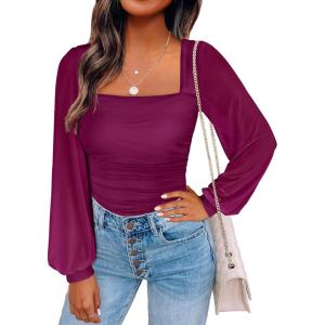 image:imageANRABESS Womens Square Neck Mesh Long Sleeve Tops Double Lined Dressy Business Casual Blouses Shirts 2025 Fall OutfitsBurgundy