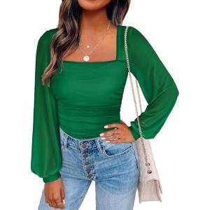image:imageANRABESS Womens Square Neck Mesh Long Sleeve Tops Double Lined Dressy Business Casual Blouses Shirts 2025 Fall OutfitsGreen