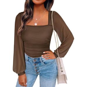 image:imageANRABESS Womens Square Neck Mesh Long Sleeve Tops Double Lined Dressy Business Casual Blouses Shirts 2025 Fall OutfitsMocha