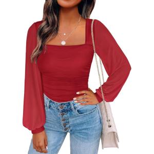 image:imageANRABESS Womens Square Neck Mesh Long Sleeve Tops Double Lined Dressy Business Casual Blouses Shirts 2025 Fall OutfitsRed