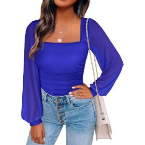 image:imageANRABESS Womens Square Neck Mesh Long Sleeve Tops Double Lined Dressy Business Casual Blouses Shirts 2025 Fall OutfitsRoyal Blue